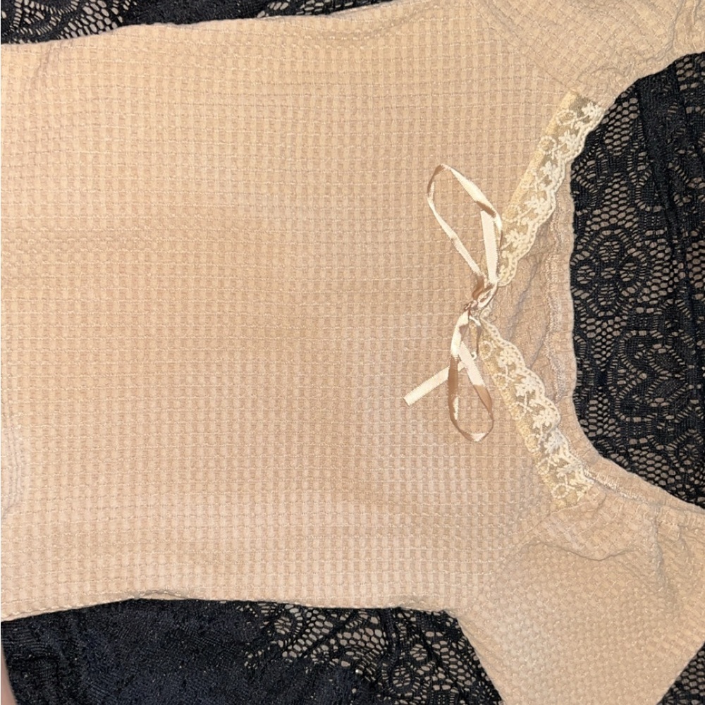 Tan Lace-Trimmed Top with Ribbon Detail